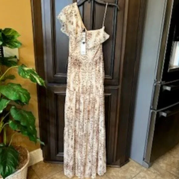 Express Rachel Zoe Metallic Printed Ruffle One Shoulder Tiered Maxi Dress